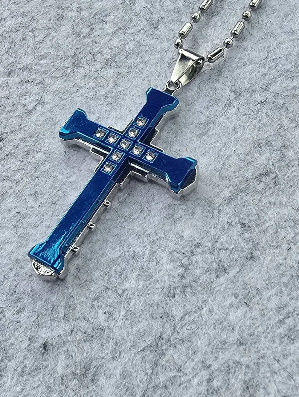 Blue Stainless Steel Cross Pendant Necklace Christian CZ Crystal Crucifix 24 In